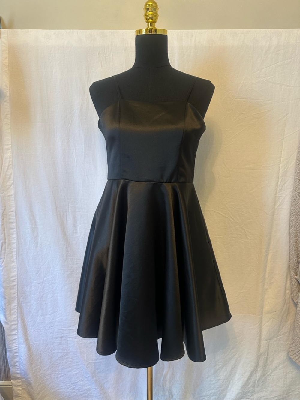 Black Satin Fit Flare Mini Dress Size 12 Open Back Spaghetti Strap Revolve style